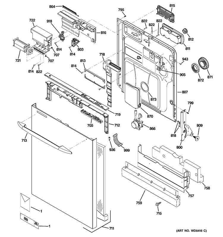 ESCUTCHEON & DOOR ASSEMBLY Diagram and Parts List for PDWT500V00BB  General Electric Dishwasher