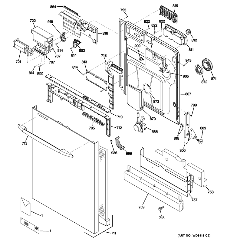 ESCUTCHEON & DOOR ASSEMBLY Diagram and Parts List for PDWT585V00SS  General Electric Dishwasher