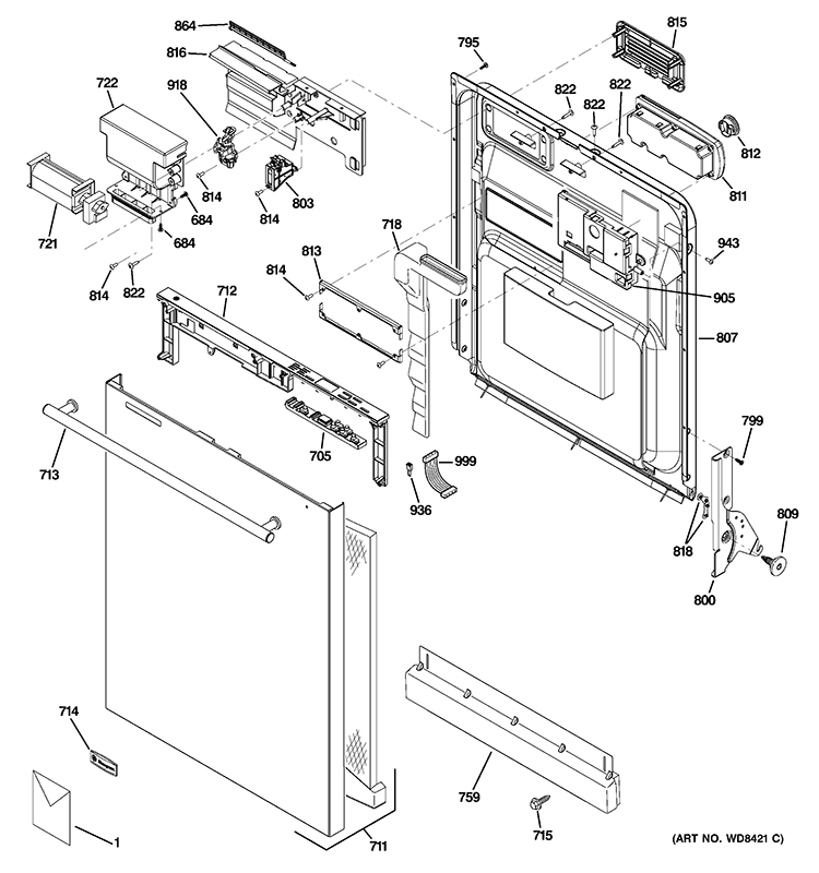 ESCUTCHEON & DOOR ASSEMBLY Diagram and Parts List for ZBD6920V00SS  General Electric Dishwasher