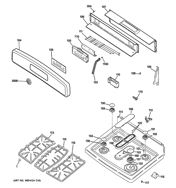CONTROL PANEL & COOKTOP Diagram and Parts List for JGB600SET2SS  General Electric Range
