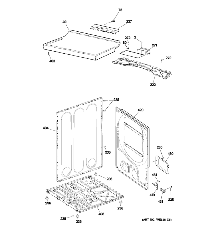 CABINET & TOP PANEL Diagram and Parts List for GLDP280ED0WS  General Electric Dryer