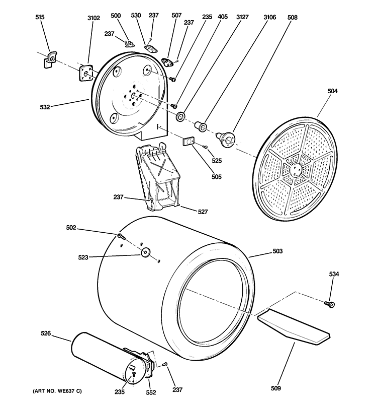 DRUM Diagram and Parts List for GTDL210GD0WW  General Electric Dryer