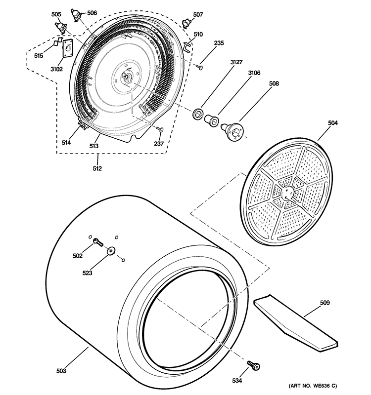 DRUM Diagram and Parts List for GTDL410ED0WS  General Electric Dryer