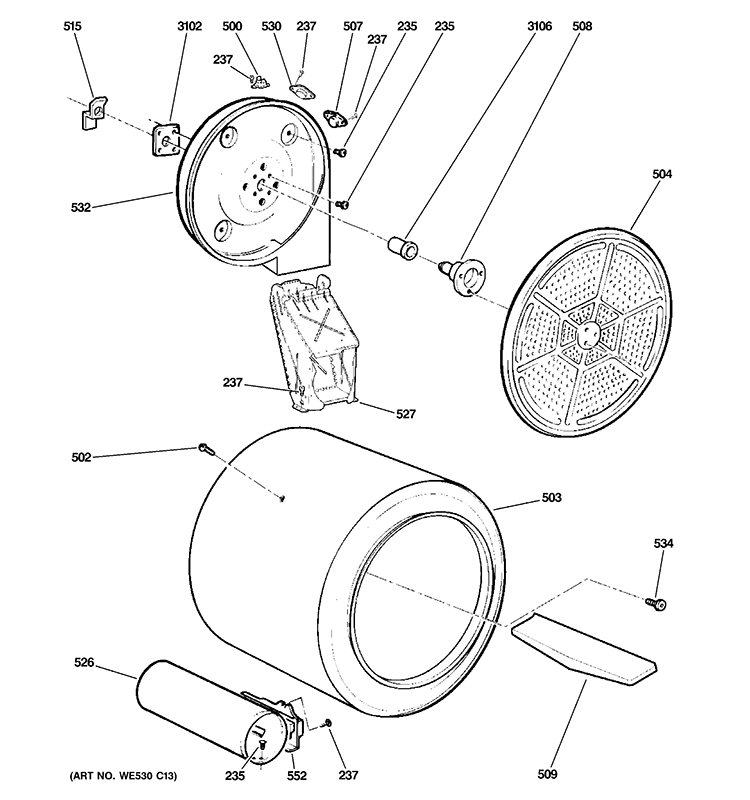 DRUM Diagram and Parts List for GTDX185GD0CC  General Electric Dryer
