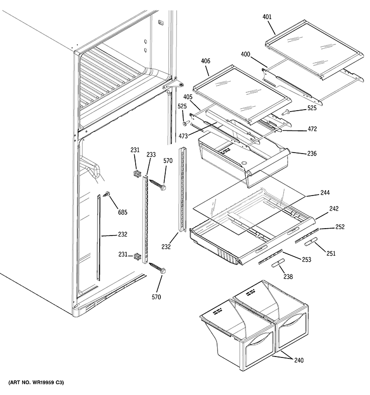 FRESH FOOD SHELVES Diagram and Parts List for GTS18WCPWRCC  General Electric Refrigerator