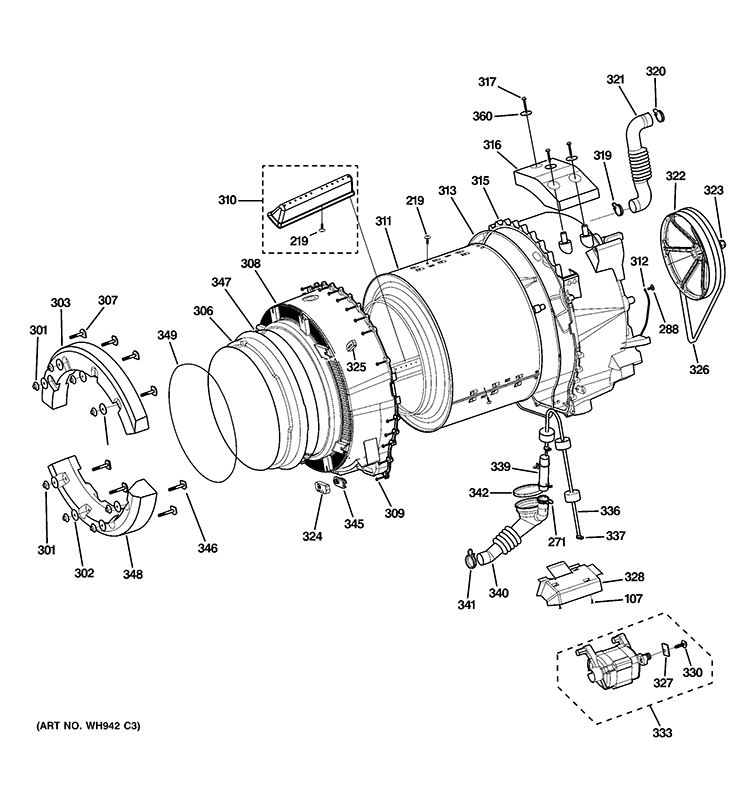 TUB & MOTOR Diagram and Parts List for GFAN1000L4WW  General Electric Washer