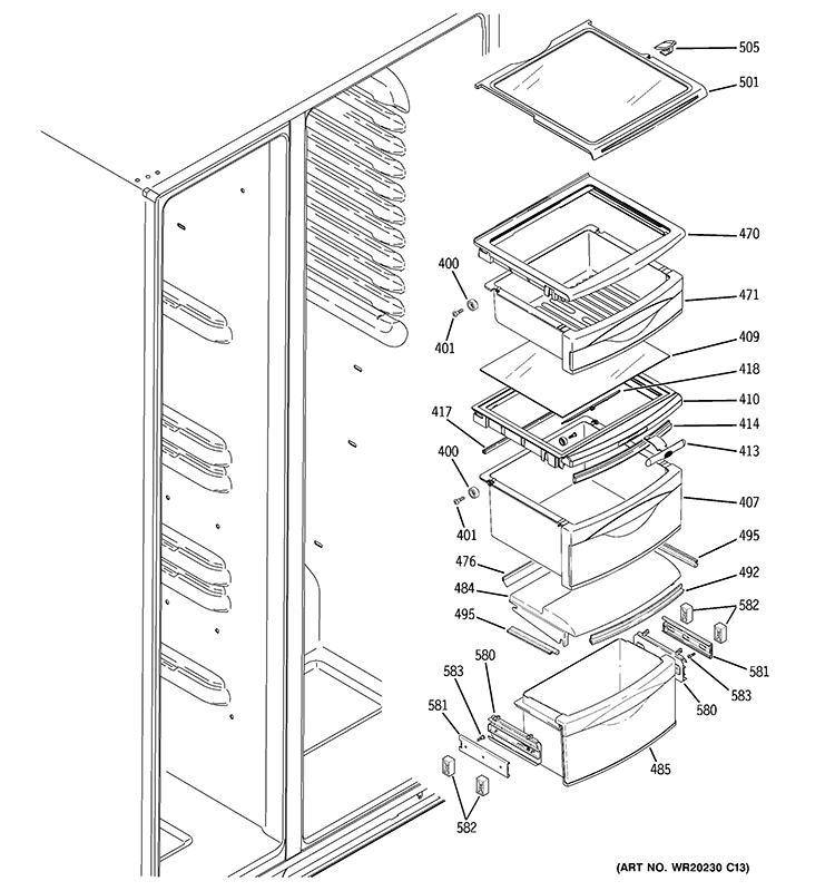 FRESH FOOD SHELVES Diagram and Parts List for GSCS3KGYDFSS  General Electric Refrigerator