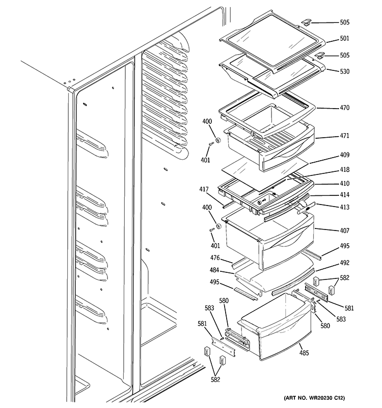 FRESH FOOD SHELVES Diagram and Parts List for GSCS3PGXGFSS  General Electric Refrigerator