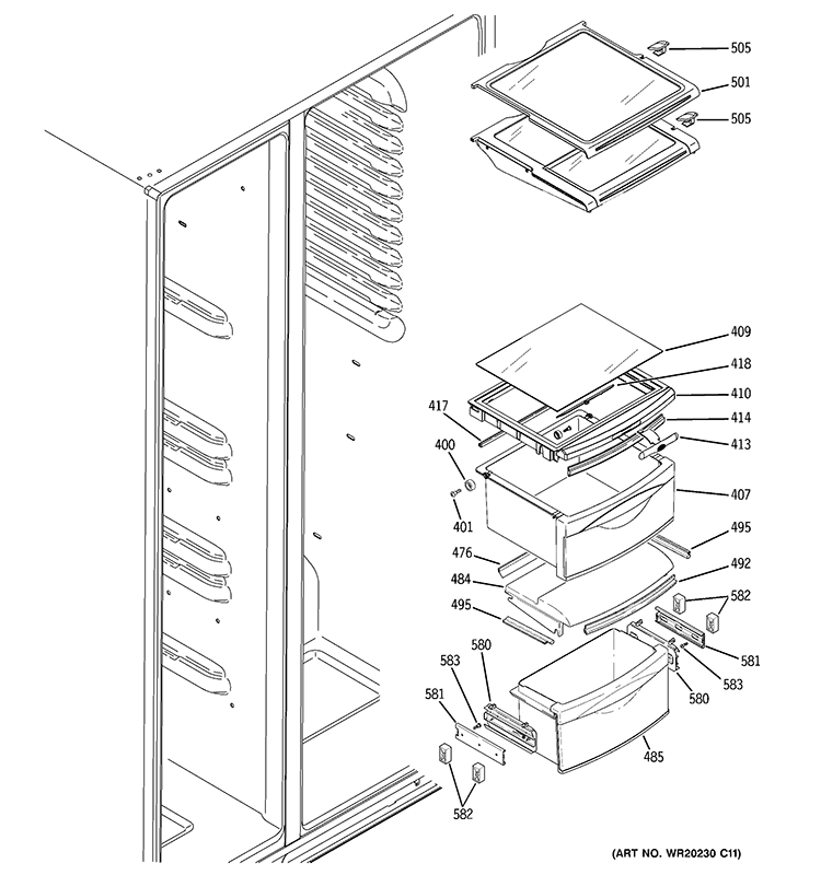 FRESH FOOD SHELVES Diagram and Parts List for GWU23LGYDFSS  General Electric Refrigerator