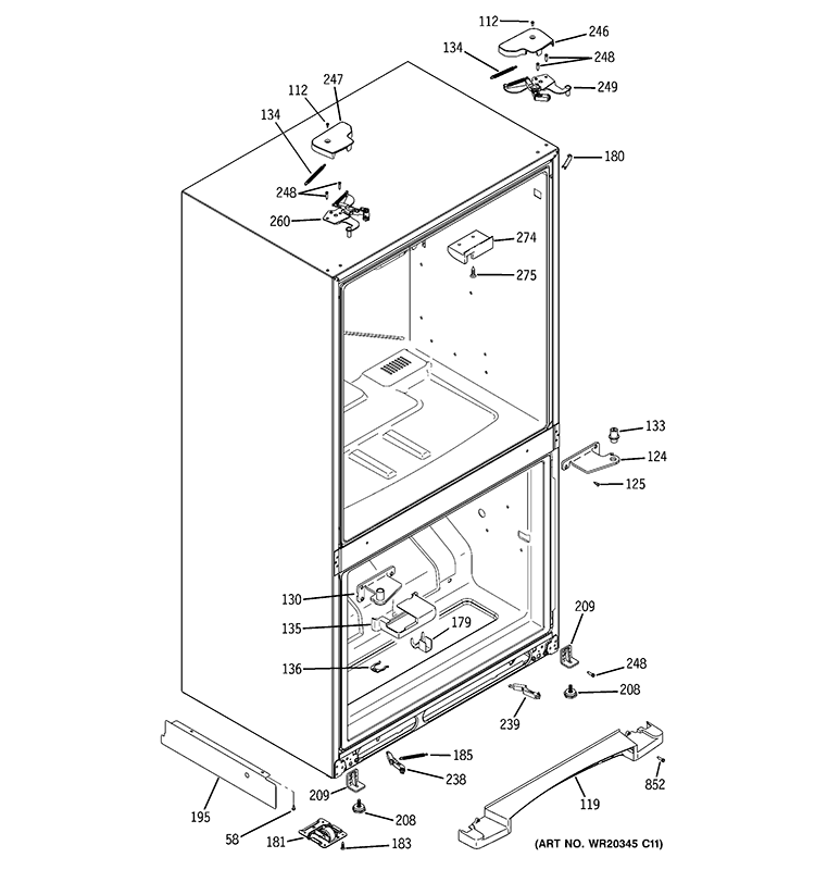 CASE PARTS Diagram and Parts List for PFSF2MJYHWW  General Electric Refrigerator