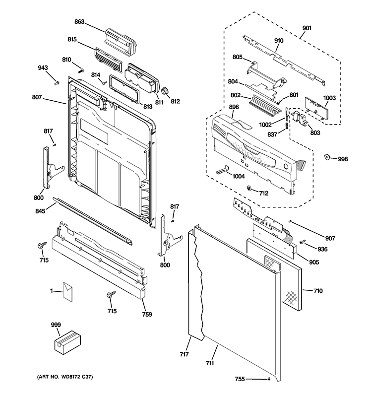 ESCUTCHEON & DOOR ASSEMBLY Diagram and Parts List for GLD2850V00CS  General Electric Dishwasher