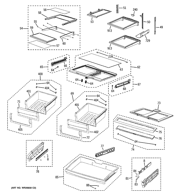 FRESH FOOD SHELVES Diagram and Parts List for PFSS9SKYBSS  General Electric Refrigerator