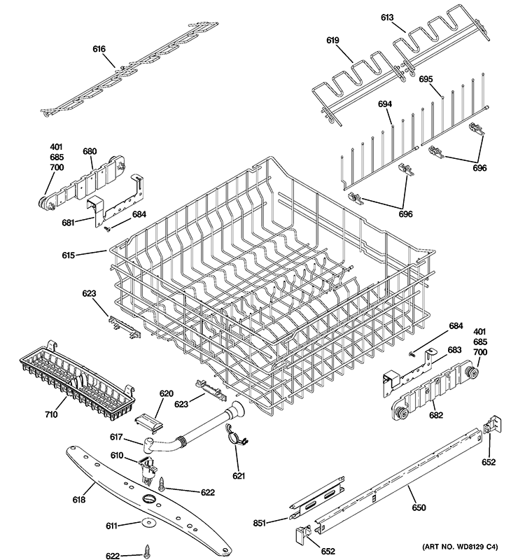 UPPER RACK ASSEMBLY Diagram and Parts List for ZBD0700K03II  General Electric Dishwasher