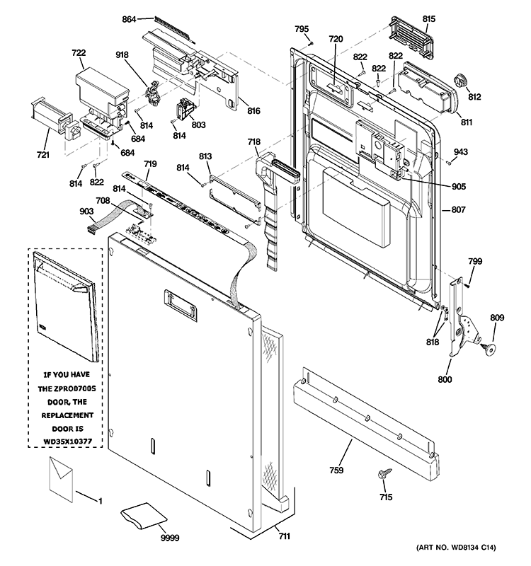 ESCUTCHEON & DOOR ASSEMBLY Diagram and Parts List for ZBD0700K10II  General Electric Dishwasher