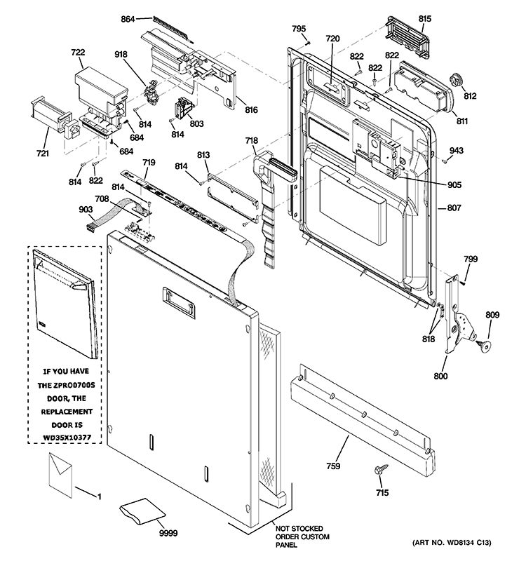 ESCUTCHEON & DOOR ASSEMBLY Diagram and Parts List for ZBD0700K15II  General Electric Dishwasher