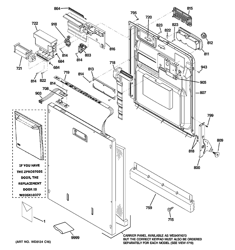 ESCUTCHEON & DOOR ASSEMBLY Diagram and Parts List for ZBD6890K00II  General Electric Dishwasher