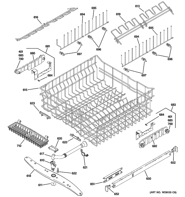 UPPER RACK ASSEMBLY Diagram and Parts List for ZBD6890K15II  General Electric Dishwasher