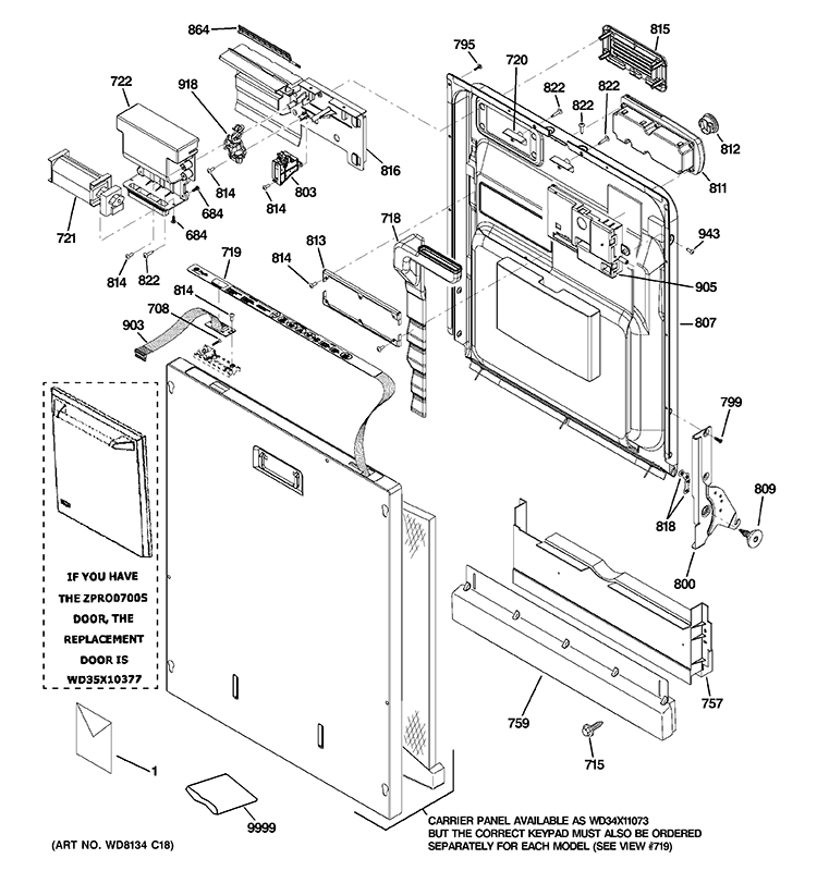 ESCUTCHEON & DOOR ASSEMBLY Diagram and Parts List for ZBD6890N00II  General Electric Dishwasher