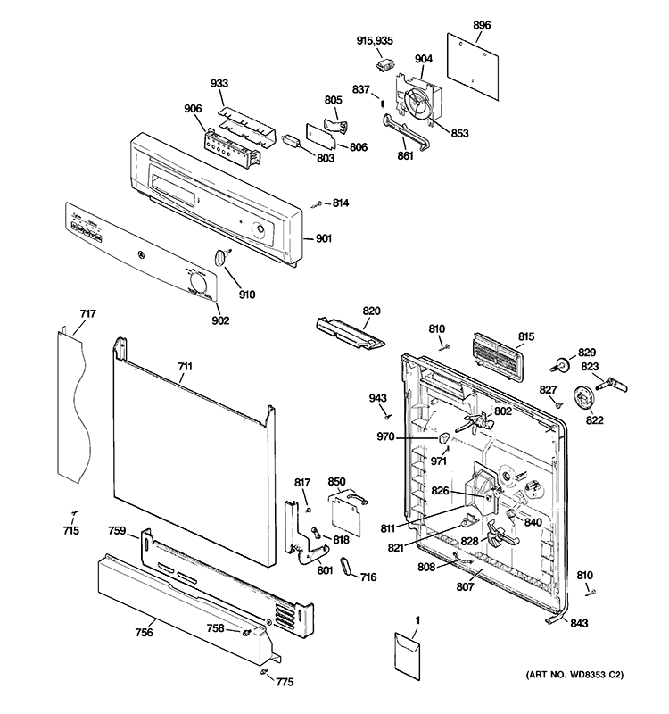 ESCUTCHEON & DOOR ASSEMBLY Diagram and Parts List for GSD3300D00BB  General Electric Dishwasher