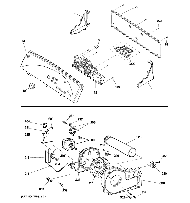 BACKSPLASH, BLOWER & MOTOR ASSEMBLY Diagram and Parts List for GTDS570ED0WW  General Electric Dryer