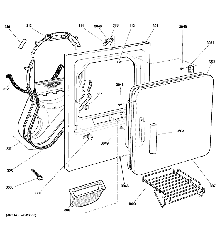 FRONT PANEL & DOOR Diagram and Parts List for GTDS570ED0WW  General Electric Dryer