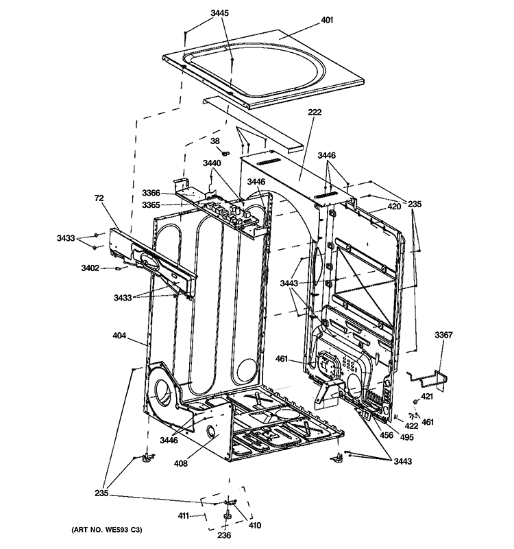CABINET & TOP PANEL Diagram and Parts List for GFDN245GL0MS  General Electric Dryer