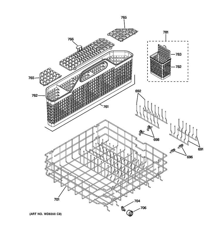 LOWER RACK ASSEMBLY Diagram and Parts List for GLD5766V00SS  General Electric Dishwasher