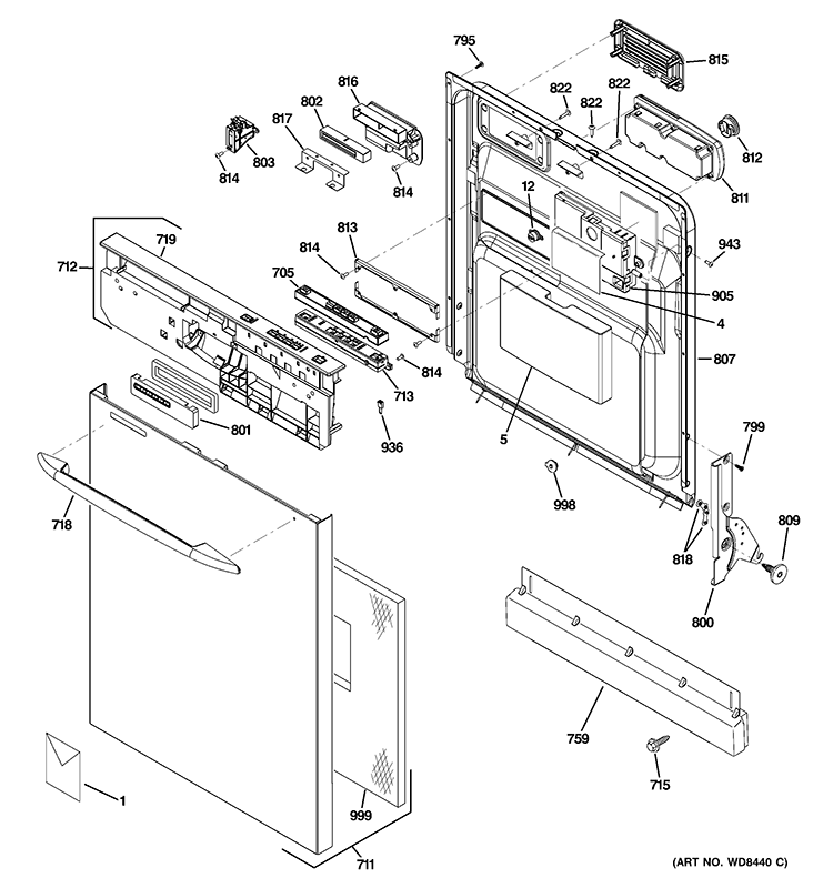 ESCUTCHEON & DOOR ASSEMBLY Diagram and Parts List for PDWT180V50SS  General Electric Dishwasher