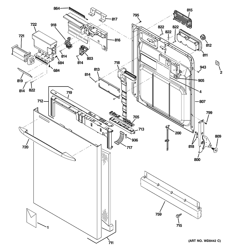 ESCUTCHEON & DOOR ASSEMBLY Diagram and Parts List for PDWT280V50SS  General Electric Dishwasher