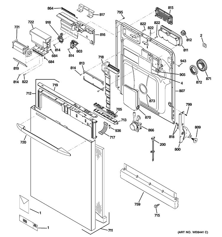ESCUTCHEON & DOOR ASSEMBLY Diagram and Parts List for PDWT380V50SS  General Electric Dishwasher