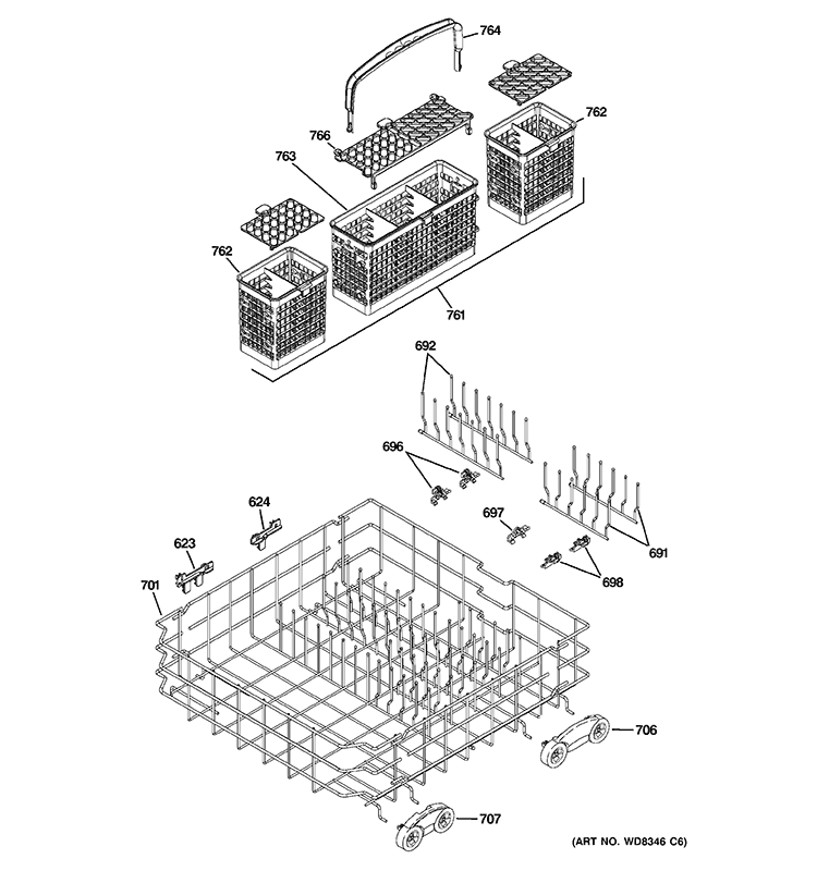 LOWER RACK ASSEMBLY Diagram and Parts List for PDWT380V50SS  General Electric Dishwasher