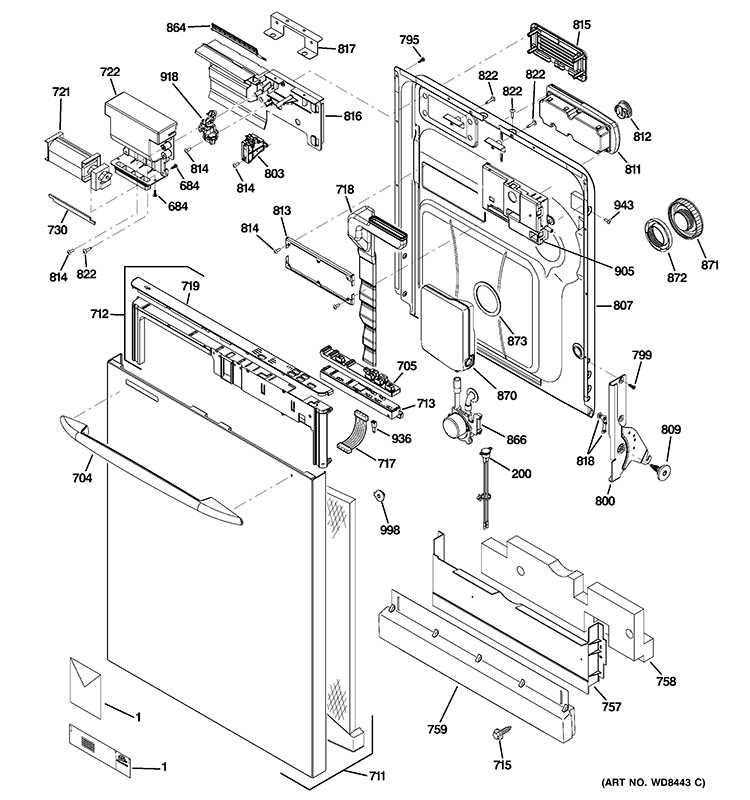 ESCUTCHEON & DOOR ASSEMBLY Diagram and Parts List for PDWT580V50SS  General Electric Dishwasher