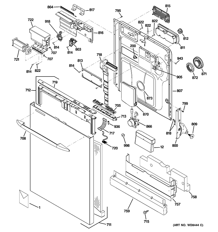 ESCUTCHEON & DOOR ASSEMBLY Diagram and Parts List for PDWT585V50SS  General Electric Dishwasher
