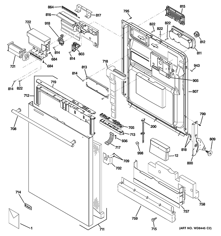 ESCUTCHEON & DOOR ASSEMBLY Diagram and Parts List for ZBD7920V50SS  General Electric Dishwasher