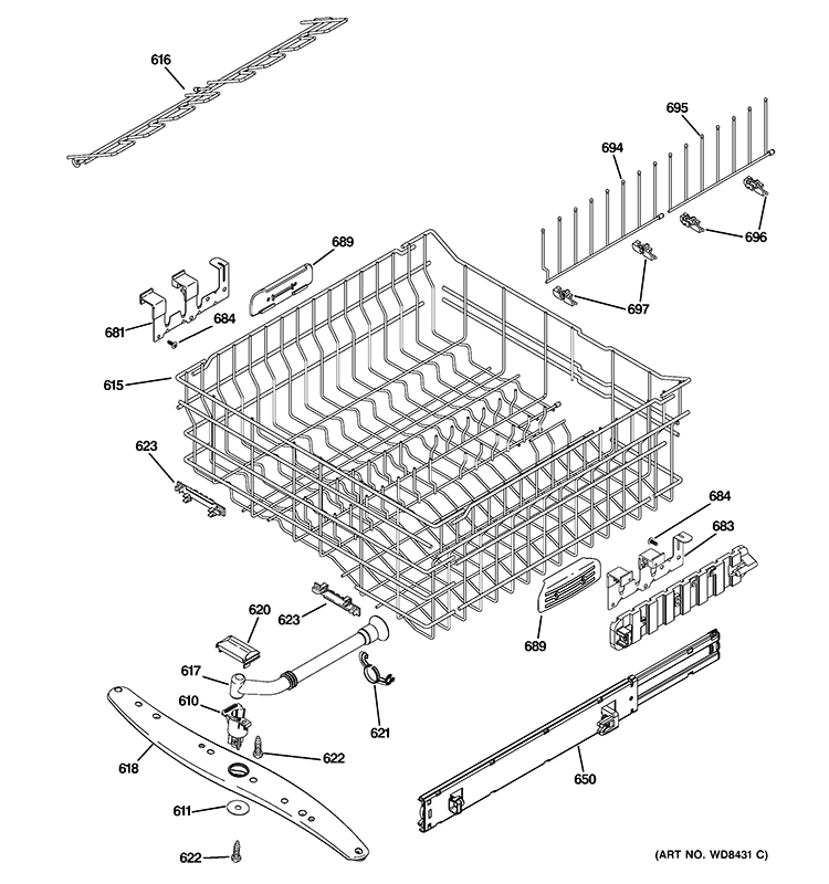 UPPER RACK ASSEMBLY Diagram and Parts List for ZBD8920V50SS  General Electric Dishwasher