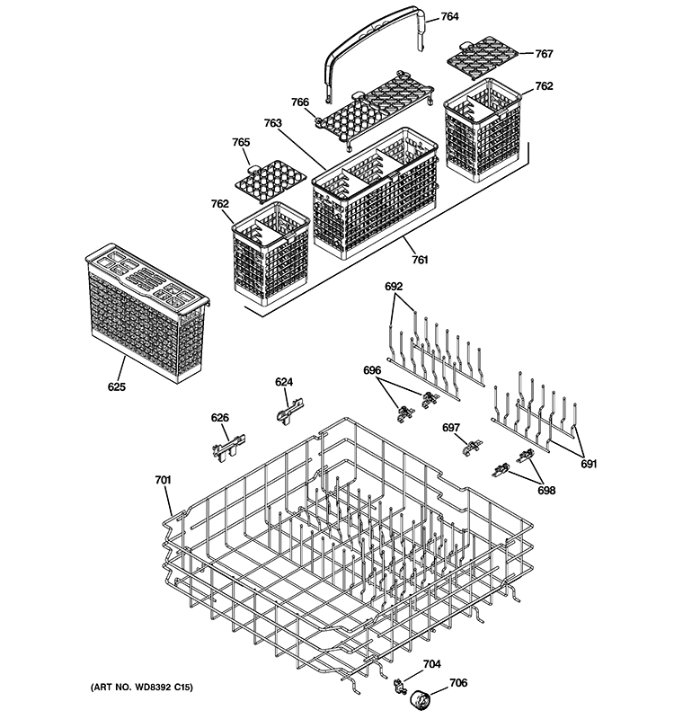 LOWER RACK ASSEMBLY Diagram and Parts List for ZBD8920V50SS  General Electric Dishwasher