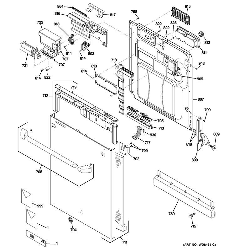 ESCUTCHEON & DOOR ASSEMBLY Diagram and Parts List for CDWT280V50SS  General Electric Dishwasher