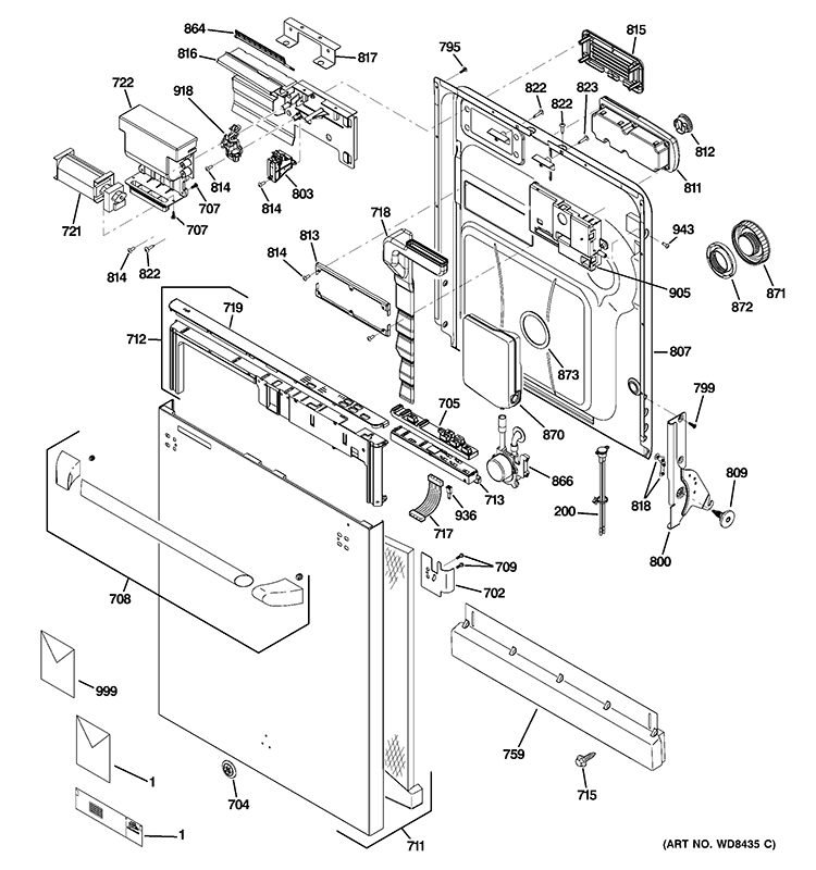 ESCUTCHEON & DOOR ASSEMBLY Diagram and Parts List for CDWT980V50SS  General Electric Dishwasher