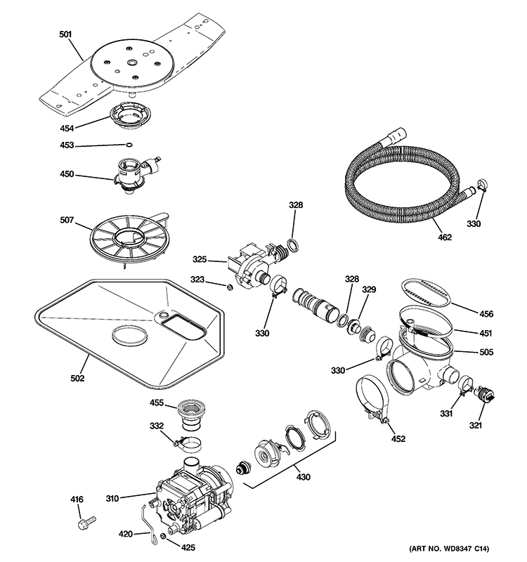 MOTOR-PUMP MECHANISM Diagram and Parts List for GDWF160V50SS  General Electric Dishwasher
