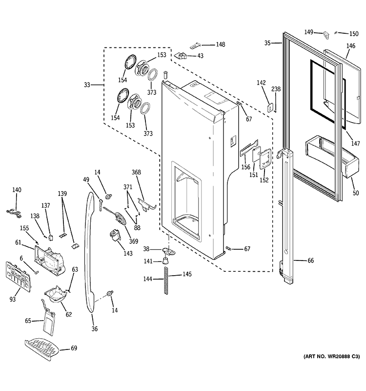 DISPENSER DOOR Diagram and Parts List for PFCF1RKZABB  General Electric Refrigerator