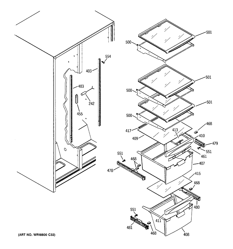 FRESH FOOD SHELVES Diagram and Parts List for GSH22IFTECC  General Electric Refrigerator