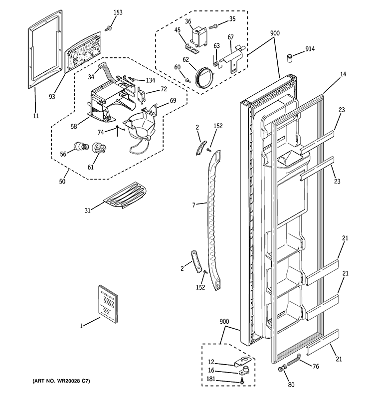 FREEZER DOOR Diagram and Parts List for GSH22JFTECC  General Electric Refrigerator