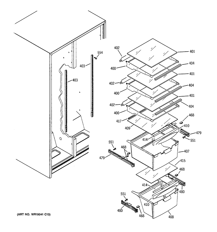 FRESH FOOD SHELVES Diagram and Parts List for GSH25GGBBWW  General Electric Refrigerator