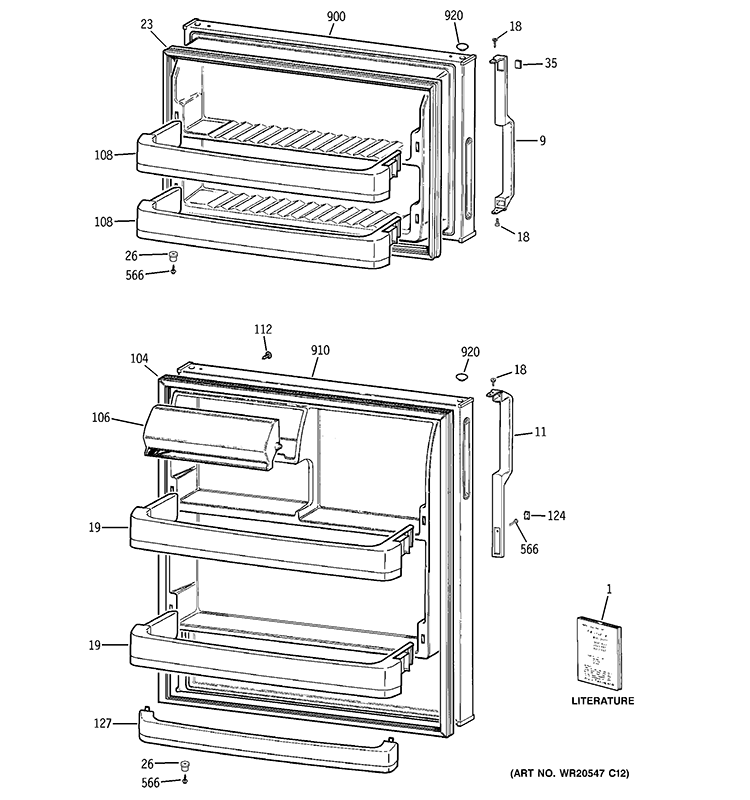 DOORS Diagram and Parts List for GTH18CCDCRWW  General Electric Refrigerator