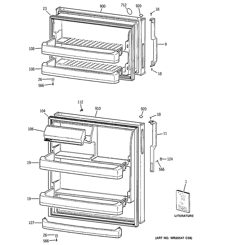 DOORS Diagram and Parts List for GTH18LBDCRWW  General Electric Refrigerator