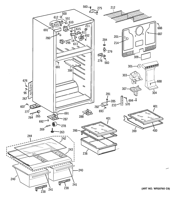 CABINET Diagram and Parts List for GTH18LBDCRWW  General Electric Refrigerator