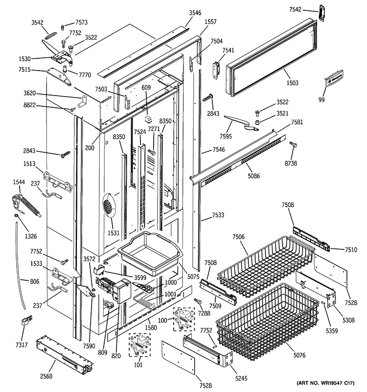 FREEZER SECTION, TRIM & COMPONENTS Diagram and Parts List for ZICP360NXBRH  General Electric Refrigerator