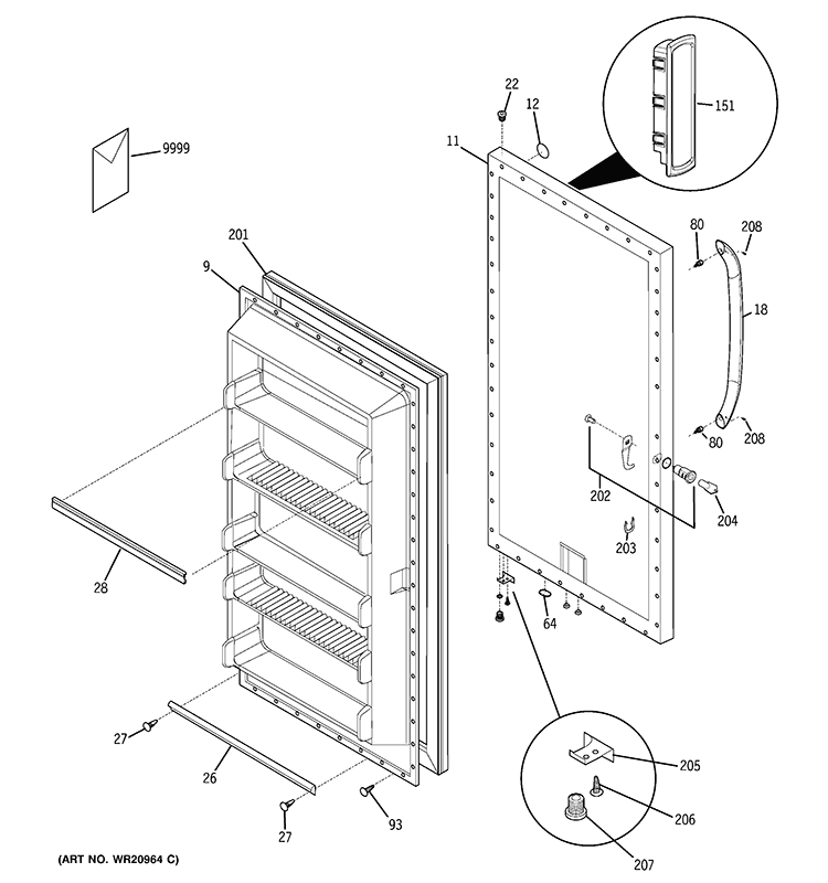DOOR Diagram and Parts List for FUF14DVFRWW  General Electric Freezer