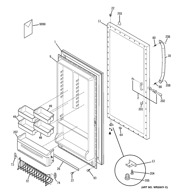 DOOR Diagram and Parts List for FUM17SVDRWW  General Electric Freezer