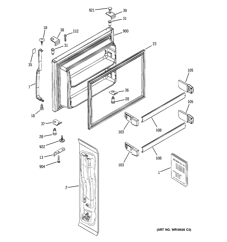 FREEZER DOOR Diagram and Parts List for GTY22IBBJRWW  General Electric Refrigerator